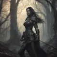 Female warrior in a haunted forest, Highly Detailed, Intricate, Gothic, Volumetric Lighting, Fantasy, Dark by Stanley Artgerm Lau