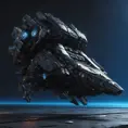 Entire black Spaceship, blue background, from side, Highly Detailed, Unreal Engine