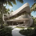 Envision a Zaha Hadid-styled, environmentally-conscious villa nestled within the bustling modern architecture of Tulum, Quintana Roo. As you approach from the entrance, the street view reveals a facade adorned with a vertical bamboo lattice, gracefully contrasting with the stone finish. Large overhangs hint at the interior's coolness, and the surrounding trees whisper tales of nature's embrace, Award-Winning, Intricate Details