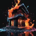 A modern home designed by Zara Hadid, Black Background, Fire and Ice, Splatter, Black Ink, Liquid Melting, Dreamy, Glowing, Glimmer, Shadows, 8k, Highly Detailed, Smooth, Vibrant Colors, Ominous