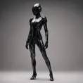 An ultrarealistic photograph of a minimalist futuristic full body power suit, without lights, made of black mate metal and polymer, full crystal hull, for a fit imposing woman, 8k, Dystopian, Modern, Minimalism, Elegant, Dark