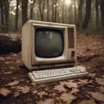 Retro Macintosh desktop computer abandoned in the woods, shot on leica, Unreal Engine, Dynamic Lighting, Volumetric Lighting