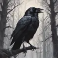 Raven in a haunted forest, Highly Detailed, Intricate, Gothic, Volumetric Lighting, Fantasy, Dark by Stanley Artgerm Lau