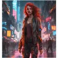 full body shot, beautiful woman walking with beatiful and detailed eyes, dynamic pose, slightly athletic beatiful body, medium-sized chest, detailed attire, Hyper Detailed, Intricate Artwork, Masterpiece, Cybernatic and Sci-Fi, Cyberpunk, Freckles, Full Lips, Red Hair, Smiling, Digital Illustration, Cityscape, Blade Runner 2049, Neon light effect, Realistic, Sharp Focus, Wide Angle, Neon, Dripping Colors, Matte, Futurism, Artwork, Dieselpunk, Colorful, Dynamic, Elegant, Expressive, Graceful, Hot, Gloomy, Sad, Stormy, Terrifying, Tired