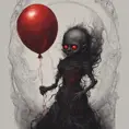 dark aesthetic, A creepy dark humanoid figure, holding a red balloon, scary, eerie, stunning fantasy illustration, Intricate Details, Fantasy, Dark