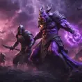 War in mystical realms; fantasy photorealistic rendering; ancient civilization;  valiant heroes vs ominous purple devil., 8k, Fantasy