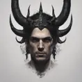 Head of a man with black hair wearing a horned crown, 4k resolution, Ultra Detailed, Closeup of Face, Gothic and Fantasy, Gothic, Horns, Large Eyes, Strong Jaw