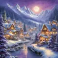 Charming fairy tale village, snow-covered decorated Christmas trees, warm inviting cabin, snowflakes, mountains with waterfall, soft light far-away full moon, glitter, stars, stardust, electric blue and purple sky, Digital Painting, Sharp Focus, Vibrant Colors, Hyper Realistic by Thomas Kinkade