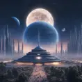 Distant view of a large round indigo temple in the center of a futuristic community. Extraterrestrial landscape. The moon and stars can be seen in the sky even during the day., 8k, Sci-Fi