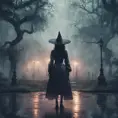 Enigmatic witch in rain standing in a spellbound park, 8k, Sci-Fi, Fantasy