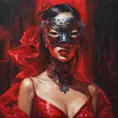 Asian cyberpunk feme fatale in expensive red dress with mask at a masquerade ball smart but dangerous in a high-tech club., Oil on Canvas, Photo Realistic