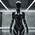 An ultrarealistic photograph of a minimalist futuristic full body power suit, without lights, made of black mate metal and polymer, full crystal hull, for a fit imposing woman, 8k, Dystopian, Modern, Minimalism, Elegant, Dark