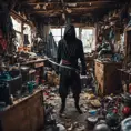 Wide angle Environmental shot of ninja assassin in a cluttered and messy shack, chaotic shack in background, maxilism, Darkwave, Photo Realistic, Sharp Focus, Vibrant Colors