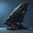 Entire black Spaceship, blue background, from side, Highly Detailed, Unreal Engine