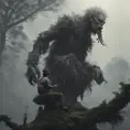 Kapre philippines scary hairy humanoid monster smoking a tobacco on the tree top, forest, foggy weather, otherworldy, Intricate, Artstation, Gothic and Fantasy, Cinematic Lighting, Octane Render, Concept Art