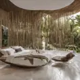 Envision a Zaha Hadid-styled, environmentally-conscious villa nestled within the bustling modern architecture of Tulum, Quintana Roo. As you approach from the entrance, the street view reveals a facade adorned with a vertical bamboo lattice, gracefully contrasting with the stone finish. Large overhangs hint at the interior's coolness, and the surrounding trees whisper tales of nature's embrace, Award-Winning, Intricate Details