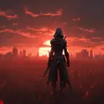 Back view of a female assassin on a batte field. The sky is colored by a red sun set., 8k, Dystopian, Trending on Artstation, Volumetric Lighting