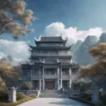 A gorgeous Chinese - style high - rise villa stands in the valley, luxurious majestic silver - grey blue antique palace, 8k, HD, High Definition, Soft Lighting