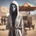 Very slim and tall female alien creature merchant on a desert un the market of a alien planet, suspicious look, hooded, selling caged alien vermin, western shot, Hyper Realistic