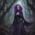 Purple haired witch in a haunted forest, Highly Detailed, Intricate, Gothic, Volumetric Lighting, Fantasy, Dark by Stanley Artgerm Lau