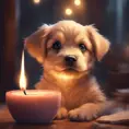 Epic shot of ultra cute puppy in a warm cozy evening candle lit atmosphere, Digital Painting, Photo Realistic, Sharp Focus