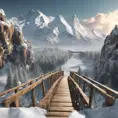 A steep cliff, in the middle of snow-capped mountains go to a big wood bridge., 8k, Masterpiece, Wallpaper, Hyper Realistic