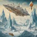 large landscape Photography, a large origami spaceship sailing in space around a frozen planet is attacked by enemy rockets, 80 degree view, 8k, Sci-Fi by Salvador Dali, James Jean