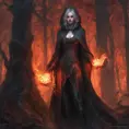 Fire mage in a haunted forest, Highly Detailed, Intricate, Gothic, Volumetric Lighting, Fantasy, Dark by Stanley Artgerm Lau