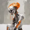 Ethereal minimalist Alien race cybergoth fashion photography painting, in the style of fluorecent orange  ,pearl_white  black  and silver , heavy use of palette knives, full body wide shot painting of teachment , Intricate, Sharp Focus, Concept Art