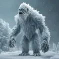 The Glacial Yeti is a towering ice creature that glistens with frost. Watch as ice crystals form and shatter realistically as it moves through its frigid habitat, 8k