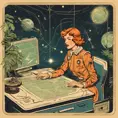 A woman dressed in an old-fashioned space outfit, with a constellations map in a desk and an astrolab in the hand in a jungle. Detailed image with vintage vidéo game animation style, with great lighting and tension., Vintage Illustration, Retro-Futurism