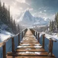 A steep cliff, in the middle of snow-capped mountains go to a big wood bridge., 8k, Masterpiece, Wallpaper, Hyper Realistic