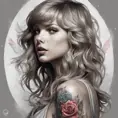 Matte portrait of Taylor Swift with colored tattoos, 4k, Highly Detailed, Powerful, Alluring, Artstation, Magical, Digital Painting, Photo Realistic, Sharp Focus, Grayscale, Volumetric Lighting, Concept Art by Stanley Artgerm Lau, Alphonse Mucha, Greg Rutkowski