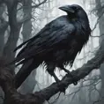 Crow in a haunted forest, Highly Detailed, Intricate, Gothic, Volumetric Lighting, Fantasy, Dark by Stanley Artgerm Lau