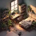 isometric render, messy nostalgic bedroom with a gaming pc, windows, plants bookshelves, desk, 8k, Behance, Dynamic Lighting, Concept Art, 3D art, Muted