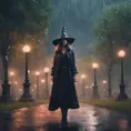 Enigmatic witch in rain standing in a spellbound park, 8k, Sci-Fi, Fantasy