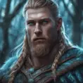 Closeup of a beautiful viking in a magical forest, 4k, Highly Detailed, Masterpiece, Pretty Face, Digital Illustration, Cinematic Lighting, Realistic, Sharp Focus, Centered, Beautifully Lit, Bioluminescent by Stanley Artgerm Lau