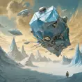 large landscape Photography, a large origami spaceship sailing in space around a frozen planet is attacked by enemy rockets, 80 degree view, 8k, Sci-Fi by Salvador Dali, James Jean