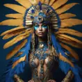 A tan skin Mayan queen all blue and gold elaborate outfit, with huge headpiece center piece, blue/gold makeup with oversized headdress with long bird feathers, with depth of field, fantastical edgy and regal themed outfit, Minimalism, Vibrant Colors, Fantasy