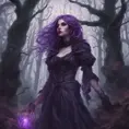 Purple haired witch in a haunted forest, Highly Detailed, Intricate, Gothic, Volumetric Lighting, Fantasy, Dark by Stanley Artgerm Lau