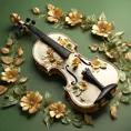 Vintage violin decorated all around with three-dimensional flowers and leaves in green and gold colors, beautiful and pleasant lighting, 8k, Intricate Details, Natural Light