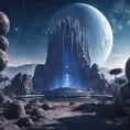 Distant view of a large round indigo temple in the center of a futuristic community. Extraterrestrial landscape. The moon and stars can be seen in the sky even during the day., 8k, Sci-Fi