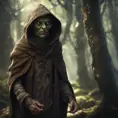 Detailed goblin with tired expression wearing a brown hooded cloak in a forest, 8k, Gothic and Fantasy, Elden Ring, Photo Realistic, Dynamic Lighting by Greg Rutkowski