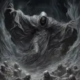 Face a dementor with a reaped and scary tunica in hell, above a pile of corpses, dark and scary night, realistic, detailed, horror, spooky, terror, 8k, Gothic and Fantasy, Elden Ring, Photo Realistic, Dynamic Lighting by Stanley Artgerm Lau, Greg Rutkowski