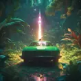 Studio ghibli, rocket explosion, jungle, solar, green technology, optimist future, 8k, Bokeh effect, Cinematic Lighting, Octane Render, Iridescence, Vibrant by Beeple, Dan Mumford, Greg Rutkowski, WLOP