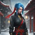 Mysterious beautiful kunoichi ninja with blue hair wearing black, red, and gold jewelry in the streets of a dark snowy town in russia, 8k, Intricate Details, Trending on Artstation, Red Hair by Stanley Artgerm Lau, WLOP