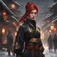 Mysterious beautiful kunoichi ninja with ashen hair wearing black and gold jewelry in the streets of a dark snowy town in russia, 8k, Intricate Details, Trending on Artstation, Red Hair by Stanley Artgerm Lau, WLOP