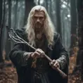 A masculine blonde wizard inside the forest, fighting an evil spirit with a magical staff, 8k, Gothic and Fantasy, Beautiful, Sci-Fi, Photo Realistic