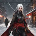 Mysterious beautiful kunoichi ninja wearing black, red and gold in the streets of a dark snowy town in russia, 8k, Intricate Details, Trending on Artstation, White Hair by Stanley Artgerm Lau, WLOP