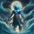 A celestial Blue-skinned God of the Seas, Storms, and Exploring emanating power of the seas, wearing half-leather, shrouded in storms in the style of digital art, 8k, Fantasy